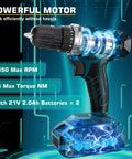 21V Cordless Drill And 255 Piece Tool Set With Drawer For Home Auto And DIY Repairs Portable Complete General Purpose Handyman Kit With LED Work Light And 2x 2.0Ah Batteries, highlighting powerful motor and 1350 max RPM.