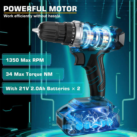 21V Cordless Drill And 255 Piece Tool Set With Drawer For Home Auto And DIY Repairs Portable Complete General Purpose Handyman Kit With LED Work Light And 2x 2.0Ah Batteries, highlighting powerful motor and 1350 max RPM.