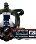 Front view of industrial-grade full face respirator mask with anti-fog lens and bayonet filter, highlighting comfort feature
