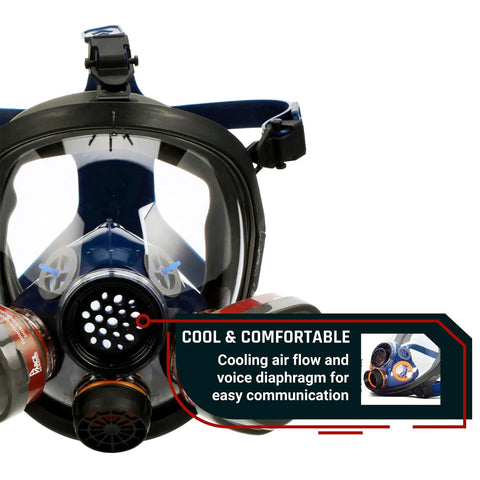 Front view of industrial-grade full face respirator mask with anti-fog lens and bayonet filter, highlighting comfort feature