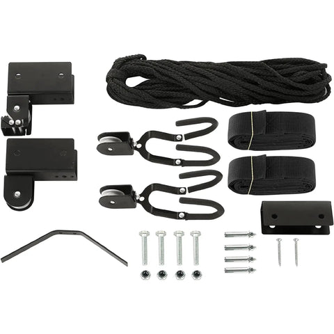 Overhead Pulley Hoist System Pair For Kayaks And Gear 125Lb Capacity Each Space Saving Garage Storage For Canoes Bikes Ladders And More Heavy Duty No Fuss Easy Install, black hardware kit