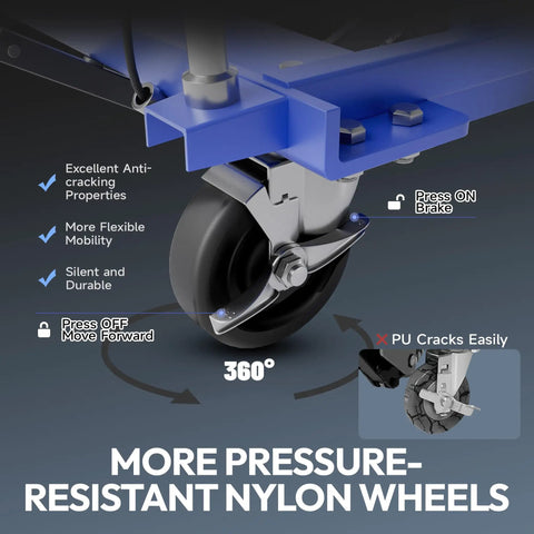 Close-up of smooth rolling swivel casters on Rock Solid Double Scissor Hydraulic Lift Table Cart with 330 Lb capacity.