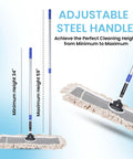 Real Deal Industrial Cotton Dust Mop With Adjustable Steel Handle For Hardwood Tile Laminate Vinyl Epoxy Floors Hella Absorbent showing height settings 34" to 5'.