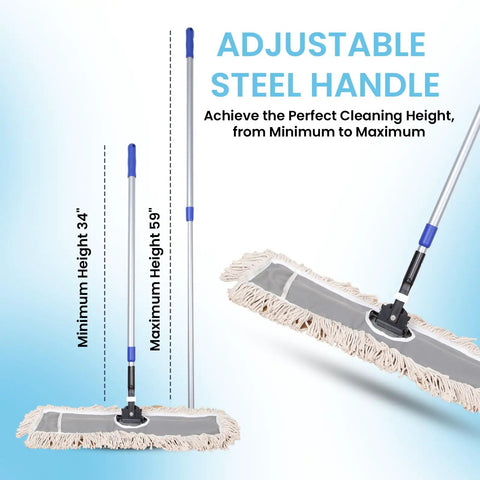 Real Deal Industrial Cotton Dust Mop With Adjustable Steel Handle For Hardwood Tile Laminate Vinyl Epoxy Floors Hella Absorbent showing height settings 34" to 5'.