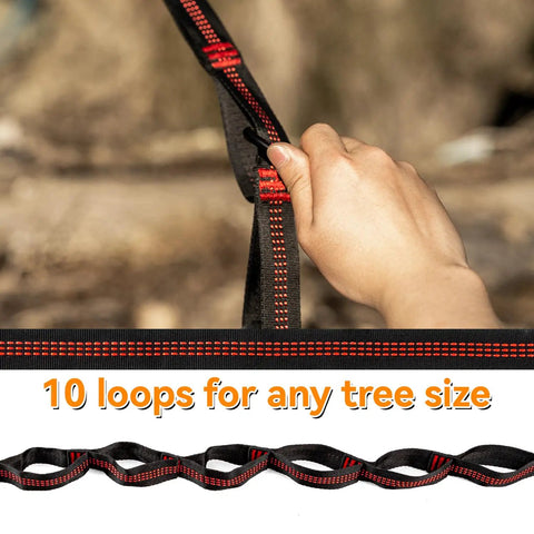 Hand adjusting tree strap of Ultralight Camping Hammock For Outdoors And Backpacking with multiple loops for versatile setup