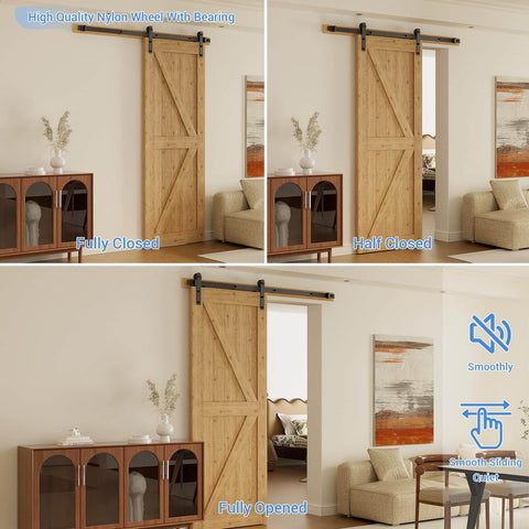 Heavy Duty 6 Ft Sliding Barn Door Hardware Kit With Quiet Nylon Wheels installed in living room opening.