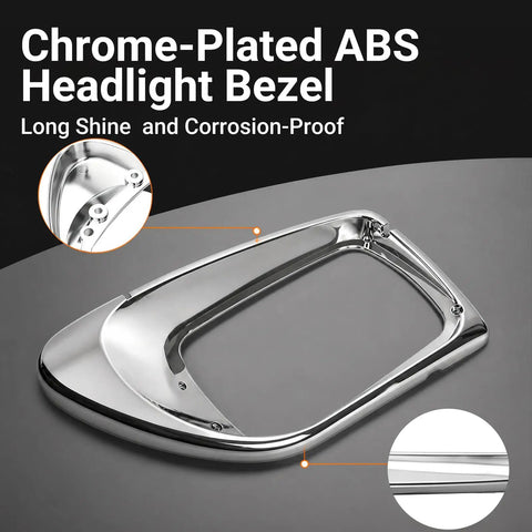 Chrome Headlight Bezels For International Trucks with close-up of ABS shell and polycarbonate lens, corrosion-proof shine.