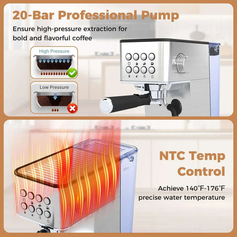 20 Bar Espresso Machine With Milk Frother Compact Stainless Steel Coffee Maker showcased with 20-bar pump and NTC temp control