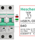 Front view of a DC Miniature Circuit Breaker 2-Pole 40 Amp Non-Polarized Type B 12V-110V DC MCB with 6kA Breaking Capacity.