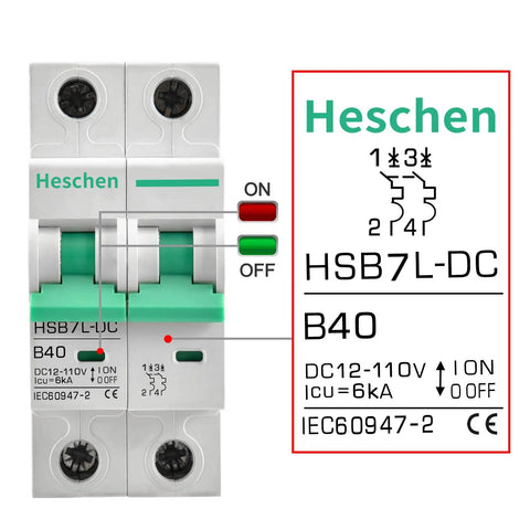 Front view of a DC Miniature Circuit Breaker 2-Pole 40 Amp Non-Polarized Type B 12V-110V DC MCB with 6kA Breaking Capacity.