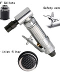 Solid Right Angle Air Die Grinder Running A Kickin 20000 Rpm Free Speed showing 1/4" collet and air inlet filter for polishing and engraving.