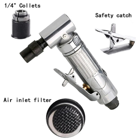 Solid Right Angle Air Die Grinder Running A Kickin 20000 Rpm Free Speed showing 1/4" collet and air inlet filter for polishing and engraving.