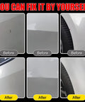 Before and after comparison of car scratches repaired using Volkswagen Touch Up Paint Kit 12ml With Built In Brush 2 In 1 Scratch Remover.