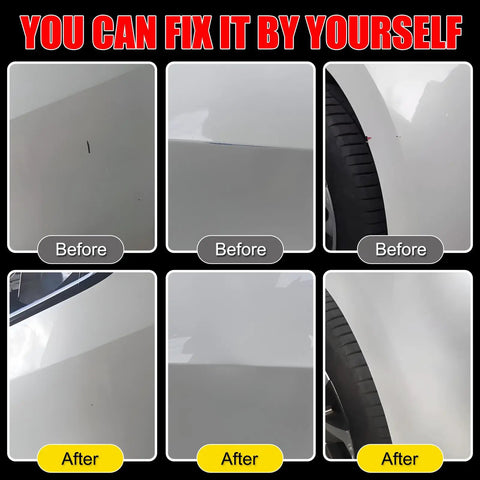Before and after comparison of car scratches repaired using Volkswagen Touch Up Paint Kit 12ml With Built In Brush 2 In 1 Scratch Remover.