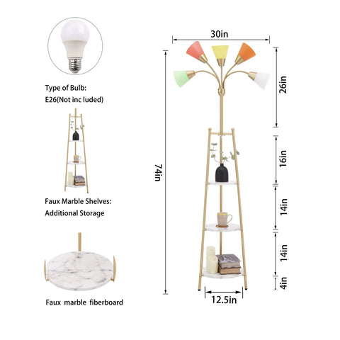 Dimensions and features of LED Floor Lamp With Dope Medusa Multi Head Design with shelves, faux marble, interchangeable shades
