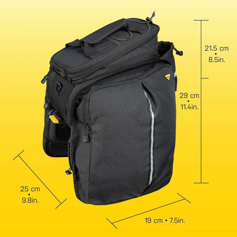 MTX 2.0 TrunkBag DXP With Expandable Panniers For Bike Rack, side view showing dimensions and design features, 22.6L capacity.