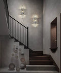 Crystal Chrome Wall Sconces for Living Room Bedroom Bathroom Hallway Staircase Lighting Indoor Vanity Wall Mount Lamps with Clear K9 Crystals for a Lit Modern Ambience illuminate a staircase area