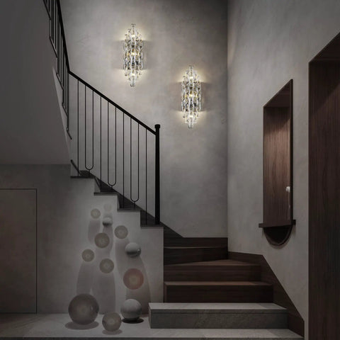 Crystal Chrome Wall Sconces for Living Room Bedroom Bathroom Hallway Staircase Lighting Indoor Vanity Wall Mount Lamps with Clear K9 Crystals for a Lit Modern Ambience illuminate a staircase area