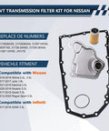 Direct Fit CVT Transmission Filter Kit For Nissan Pathfinder Murano Maxima 3.5L V6 2016-2024 And Infiniti QX60 3.5L Altima 2.5L 3.5L Replacement OE 31728-29X0A 31728-29X0B Easy Install Durable Service Kit For Smooth Shifting shown with filter, gasket, and o-ring.