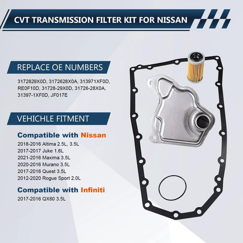 Direct Fit CVT Transmission Filter Kit For Nissan Pathfinder Murano Maxima 3.5L V6 2016-2024 And Infiniti QX60 3.5L Altima 2.5L 3.5L Replacement OE 31728-29X0A 31728-29X0B Easy Install Durable Service Kit For Smooth Shifting shown with filter, gasket, and o-ring.
