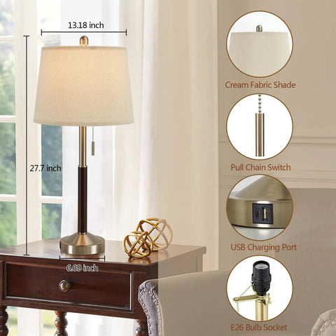Table lamp with cream fabric shade, 27.7 in height, USB port, and brass pull chain switch on wooden base, displayed on a table.