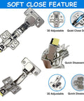 Top Shelf Soft Close Cabinet Hinges Include 165 And 135 Degree Options Smooth Glide Operation For Lazy Susan And Bifold Doors With Easy Peasy Clip On Setup For Frameless Corners close-up view showing 3D adjustability and quick disassembly features.