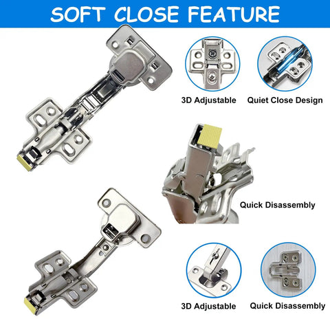 Top Shelf Soft Close Cabinet Hinges Include 165 And 135 Degree Options Smooth Glide Operation For Lazy Susan And Bifold Doors With Easy Peasy Clip On Setup For Frameless Corners close-up view showing 3D adjustability and quick disassembly features.