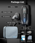 Package list for Top Tier Level 1 And Level 2 EV Charger Featuring A Hella Fast 40 Amp Charge Rate with wall box and accessories.