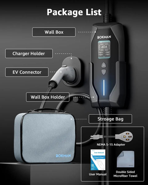 Package list for Top Tier Level 1 And Level 2 EV Charger Featuring A Hella Fast 40 Amp Charge Rate with wall box and accessories.