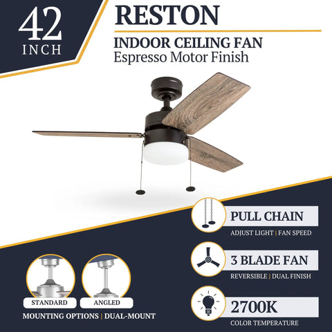 Reston 42 Inch Modern Farmhouse LED Ceiling Fan With Light Dope Pull Chain Dual Mounting Options Dual Finish Blades