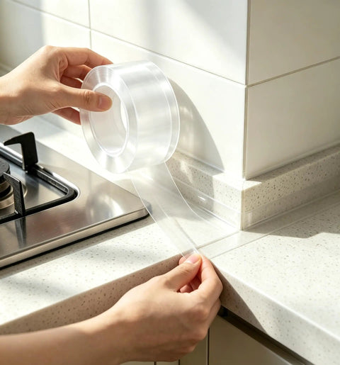 Crystal Clear Self Adhesive Waterproof Tape For Heavy Duty Sealing Bathtub Shower And Kitchen Sink With Invisible Finish that shows application on countertop.