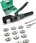 10 Ton Hydraulic Wire Rope Crimping Tool Featuring Eleven Die Sets For Double Barrel Sleeves And Stainless Steel Cable Railing Terminals and a carrying case.
