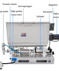 Straight Up Heavy Duty Stainless Steel Paste Filling Mixer Machine With Auto Stir Hoppers showing stirring hopper and canning nozzle.