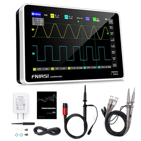 Upgraded 1013D Plus 100X Probe Portable Digital Oscilloscope, Two Channel, 100MHz Bandwidth, shown with accessories