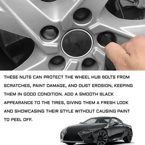 Close-up of 20 Piece Black Lug Nut Covers 21Mm Hexagonal Wheel Center Bolt Caps on silver rim protecting bolts from damage.