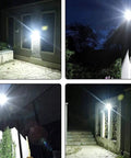 Heavy Duty Double Head Solar Flood Lighting With Remote And IP67 Waterproof Shield illuminating yard pathways and walls at night.