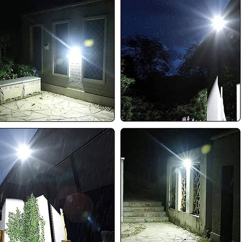 Heavy Duty Double Head Solar Flood Lighting With Remote And IP67 Waterproof Shield illuminating yard pathways and walls at night.