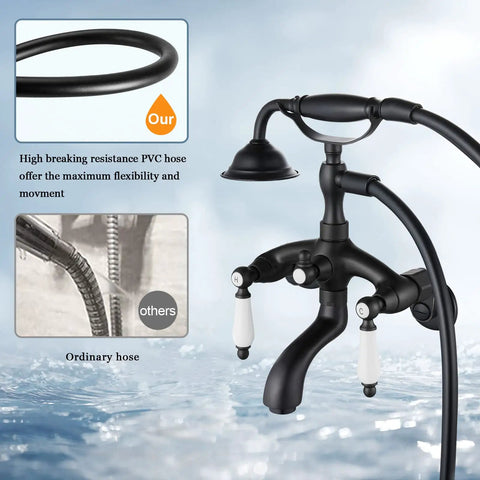 Clawfoot Tub Faucet Matte Black With Handheld Shower, Wall Mount Tub Filler, Two Handle Waterfall Style Spout shown