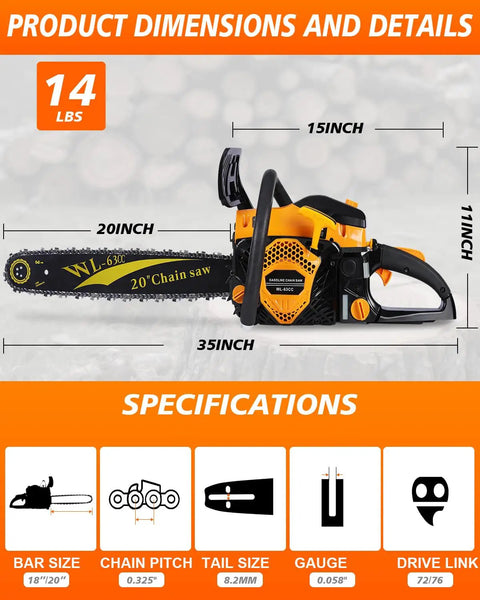 63Cc Gas Powered Chainsaw With 20 Inch Bar And 2 Chains And Bars, Heavy Duty 2-Cycle Engine For Tree Felling Specifications
