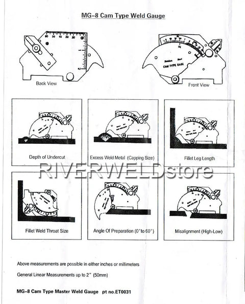 Go To Pro Grade Stainless Steel Bridge Cam Welding Gauge Kit For Undercut Depth Fillet Weld Throat Pitting And Misalignment Measures 0 To 60 Degree Preparation Excess Weld Size Weld Length With Metric And Inch Options., MG-8 weld gauge diagram showing front and back views