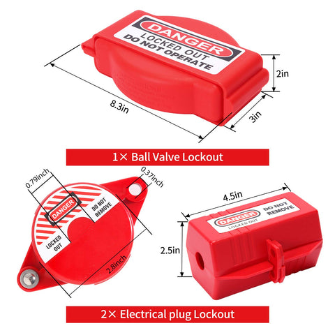 Pro Grade Heavy Duty Lockout Tagout Kit With Safety Padlocks Hasps Ball Valve And Valve Lockouts Steel Cable Lockout Electrical Plug Lockouts Circuit Breaker Lockouts Loto Tags Nylon Ties And Tool Box For Quick Safe Energy Isolation - Ball Valve and Electrical Plug Lockout dimensions