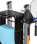 Side view of Beefy Heavy Duty Garage Storage System With Wall Mount Overhead Shelving 48 Inch By 7 Inch Steel Shelves And 6 Pack 12 Inch Double Hooks Supports Up To 1200 Lbs Total holding chairs, a racket, and tools.