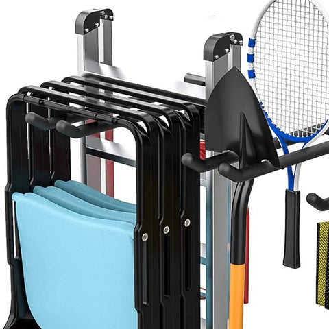 Side view of Beefy Heavy Duty Garage Storage System With Wall Mount Overhead Shelving 48 Inch By 7 Inch Steel Shelves And 6 Pack 12 Inch Double Hooks Supports Up To 1200 Lbs Total holding chairs, a racket, and tools.
