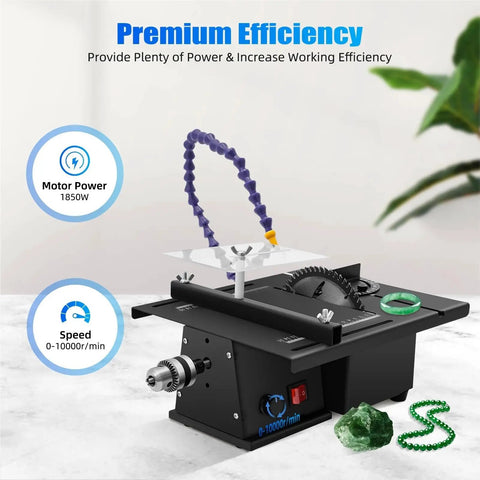 Heavy Duty Gemstone Faceting Machine With 7 Speed Settings For Cutting Grinding Polishing And Engraving Jade Crystal Rock Work Benchtop Stone Carving Tool Kit on marble surface with green gemstones.