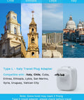 Type L Italy Travel Plug Adapter with images of landmarks from Chile, Ethiopia, Libya, and Italy, compatible countries listed