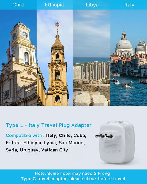 Type L Italy Travel Plug Adapter with images of landmarks from Chile, Ethiopia, Libya, and Italy, compatible countries listed