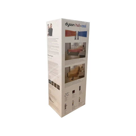 Box of Hot And Cold Tower Bladeless Fan Heater AM09 White Silver Refurbished showing product features.