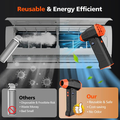 Comparison of a disposable air can and a Cordless 110000RPM Air Duster With Four Speed Levels Portable Jet Dry Blower for efficiency.