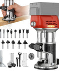 Heavy Duty Cordless Palm Router With A Beefy 800W Brushless Motor Churning Up To 28000 Rpm For Fast Woodworking Cuts and 15 bits.