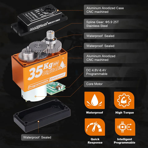Exploded side view of HobbyPark 35KG waterproof digital servo with orange CNC aluminum case and exposed gears.